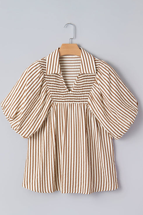 Stripe Print Shirred Bodice V Neck Puff Sleeve Blouse