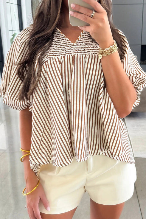 Stripe Print Shirred Bodice V Neck Puff Sleeve Blouse