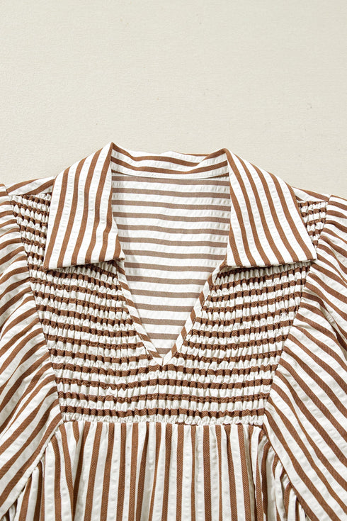 Stripe Print Shirred Bodice V Neck Puff Sleeve Blouse