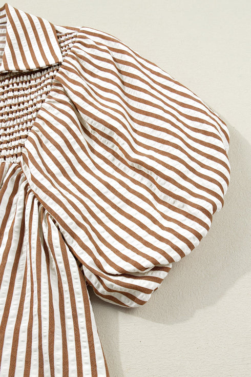 Stripe Print Shirred Bodice V Neck Puff Sleeve Blouse