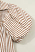 Stripe Print Shirred Bodice V Neck Puff Sleeve Blouse