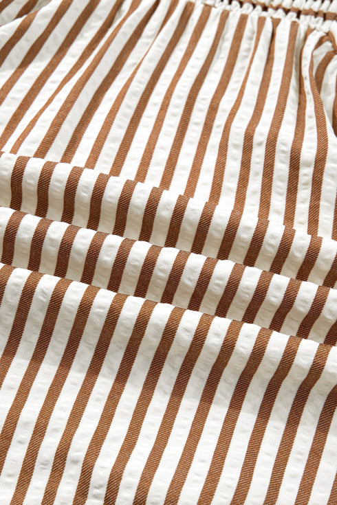 Stripe Print Shirred Bodice V Neck Puff Sleeve Blouse
