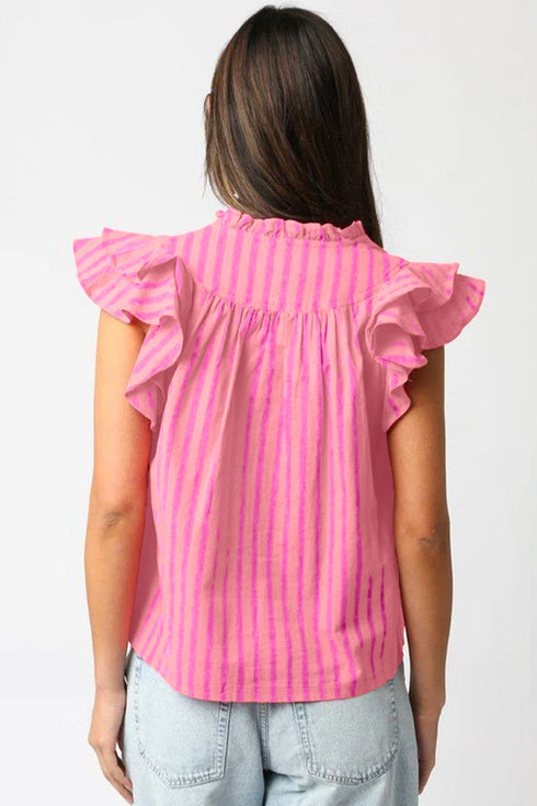 Stripe Print Split Neck Ruffle Sleeve Blouse