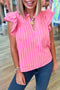 Stripe Print Split Neck Ruffle Sleeve Blouse