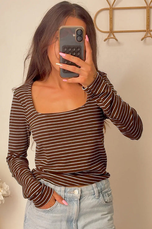 Stripe Print Square Neck Long Sleeve Cotton Blend Top