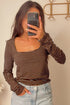 Stripe Print Square Neck Long Sleeve Cotton Blend Top