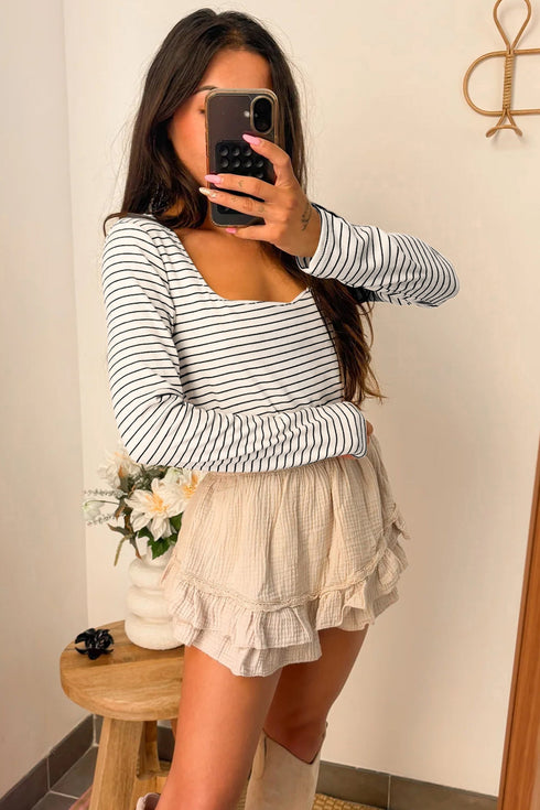 Stripe Print Square Neck Long Sleeve Cotton Blend Top