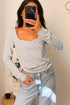 Stripe Print Square Neck Long Sleeve Cotton Blend Top