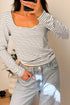 Stripe Print Square Neck Long Sleeve Cotton Blend Top