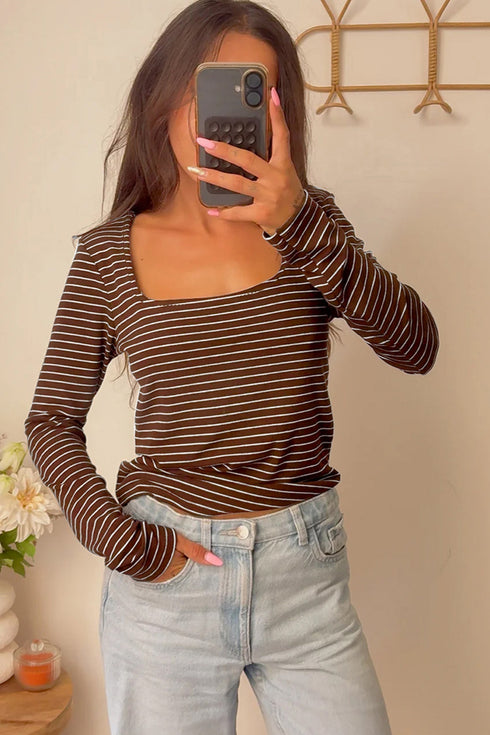 Stripe Print Square Neck Long Sleeve Cotton Blend Top