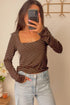 Stripe Print Square Neck Long Sleeve Cotton Blend Top