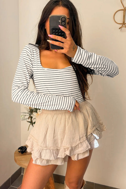 Stripe Print Square Neck Long Sleeve Cotton Blend Top