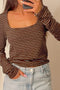 Stripe Print Square Neck Long Sleeve Cotton Blend Top