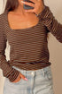Stripe Print Square Neck Long Sleeve Cotton Blend Top