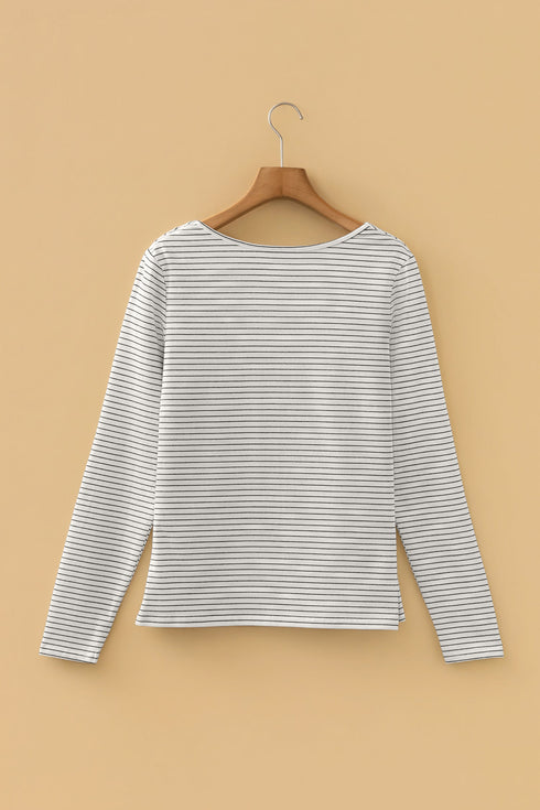 Stripe Print Square Neck Long Sleeve Cotton Blend Top