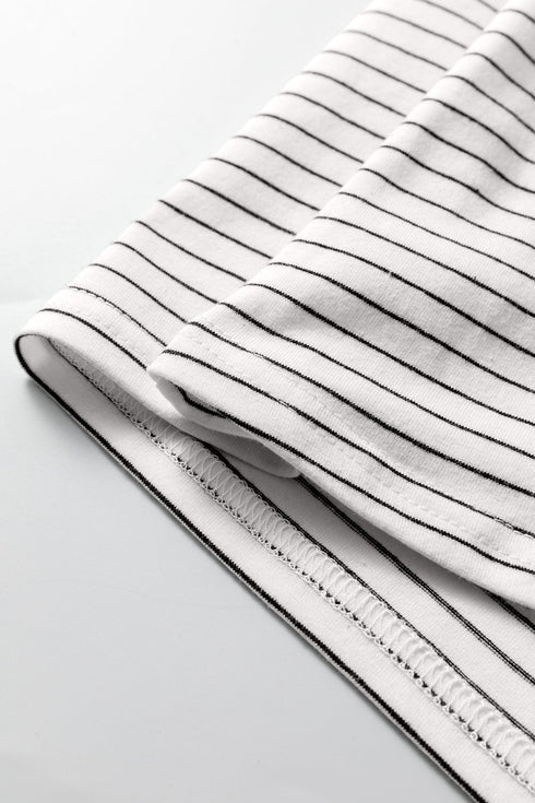 Stripe Print Square Neck Long Sleeve Cotton Blend Top