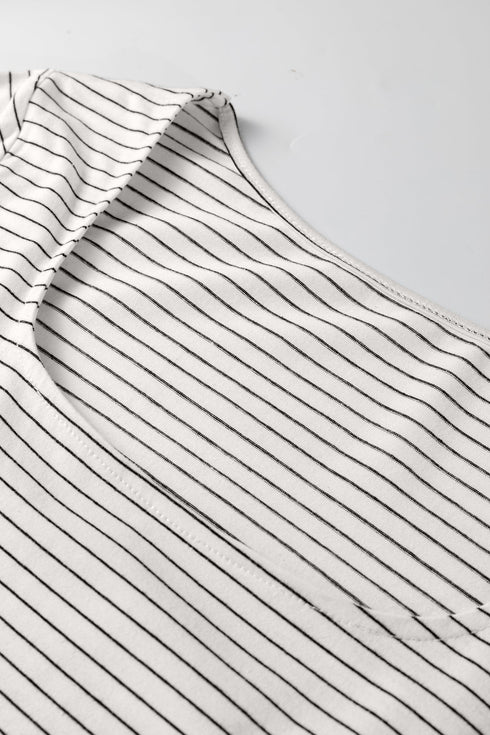 Stripe Print Square Neck Long Sleeve Cotton Blend Top