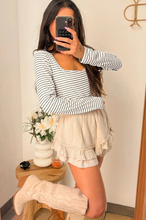 Stripe Print Square Neck Long Sleeve Cotton Blend Top
