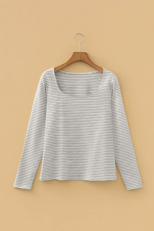 Stripe Print Square Neck Long Sleeve Cotton Blend Top