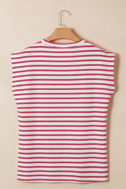 Stripe Print Textured Knit Button Detail Short Sleeve Tee