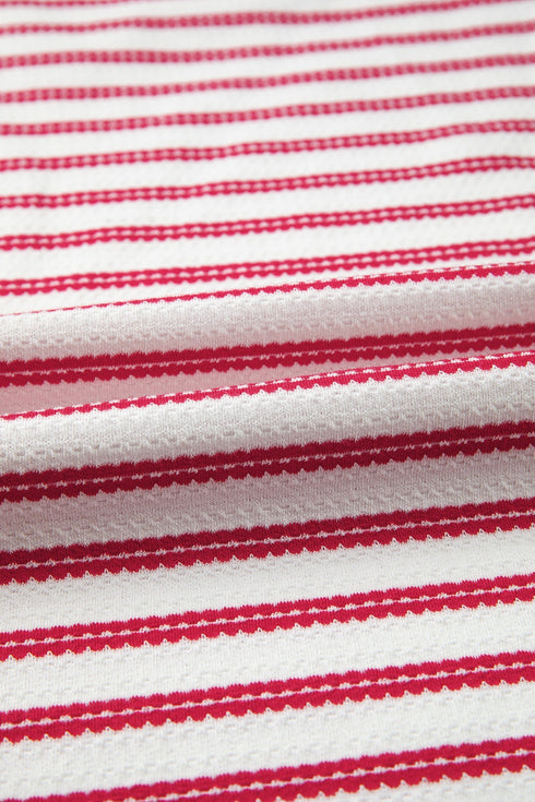 Stripe Print Textured Knit Button Detail Short Sleeve Tee