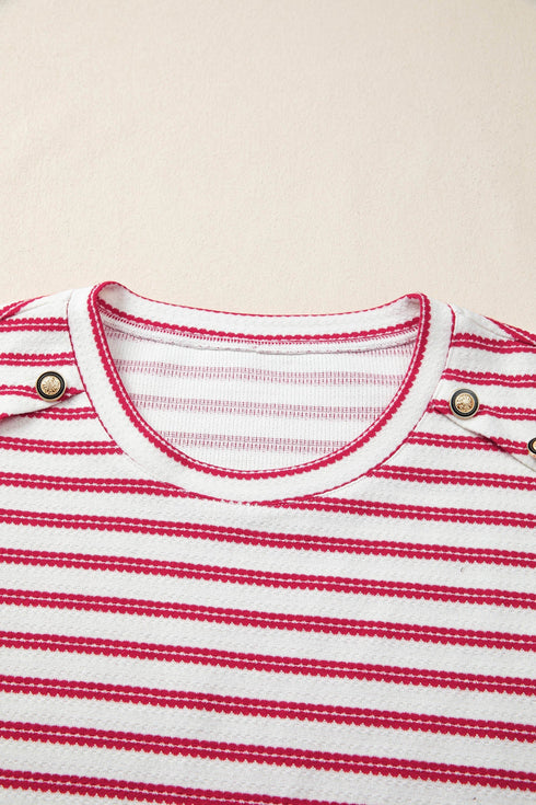 Stripe Print Textured Knit Button Detail Short Sleeve Tee