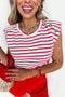 Stripe Print Textured Knit Button Detail Short Sleeve Tee