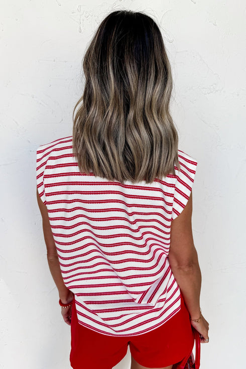 Stripe Print Textured Knit Button Detail Short Sleeve Tee