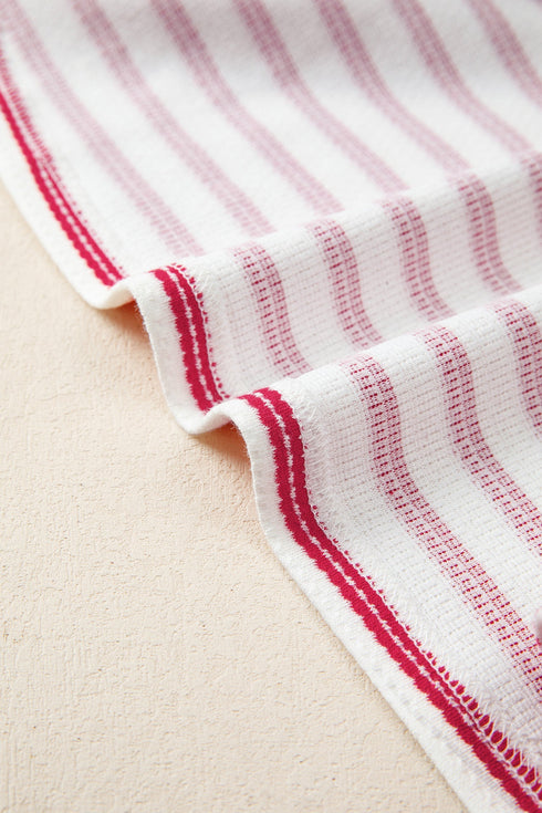 Stripe Print Textured Knit Button Detail Short Sleeve Tee