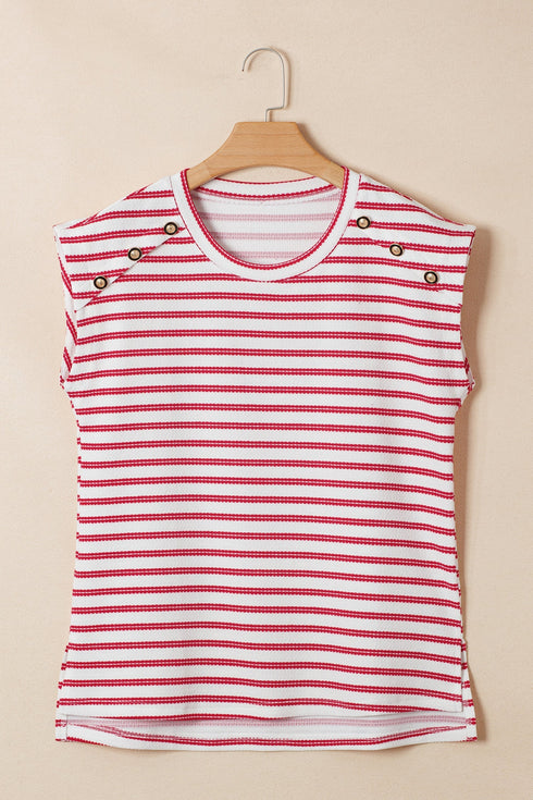 Stripe Print Textured Knit Button Detail Short Sleeve Tee