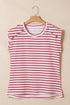 Stripe Print Textured Knit Button Detail Short Sleeve Tee