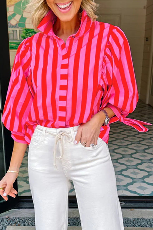 Stripe Print Tie Detail Puff Sleeve Button Down Shirt