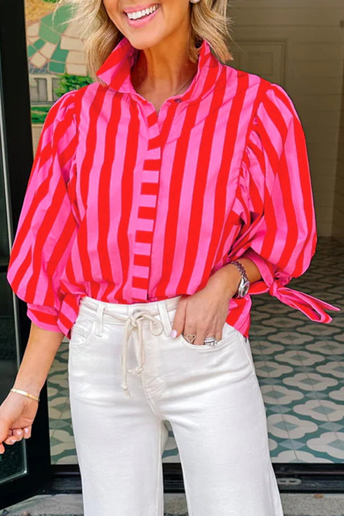 Stripe Print Tie Detail Puff Sleeve Button Down Shirt
