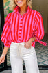 Stripe Print Tie Detail Puff Sleeve Button Down Shirt