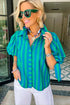 Stripe Print Tie Detail Puff Sleeve Button Down Shirt