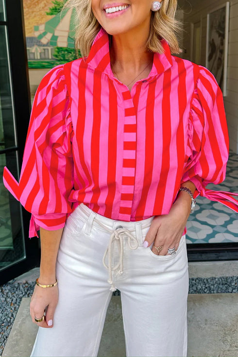 Stripe Print Tie Detail Puff Sleeve Button Down Shirt