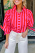 Stripe Print Tie Detail Puff Sleeve Button Down Shirt