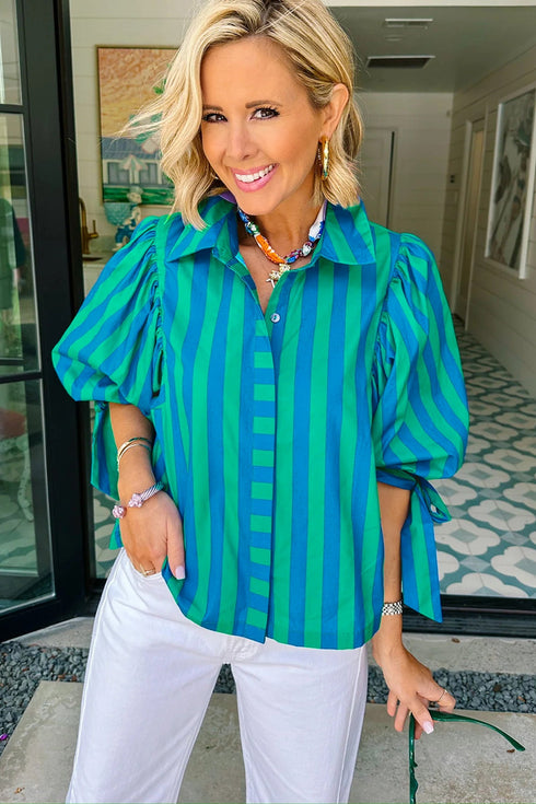 Stripe Print Tie Detail Puff Sleeve Button Down Shirt
