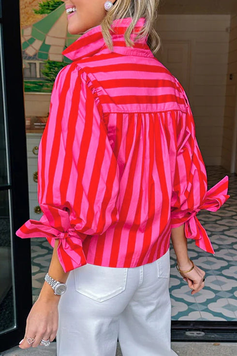 Stripe Print Tie Detail Puff Sleeve Button Down Shirt