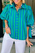 Stripe Print Tie Detail Puff Sleeve Button Down Shirt