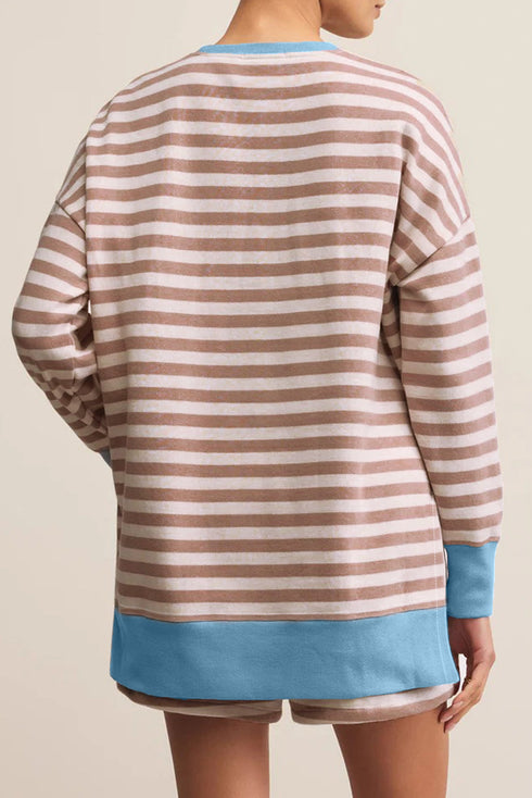 Stripe Print Trimmed Edge Drop Shoulder Loungewear Set