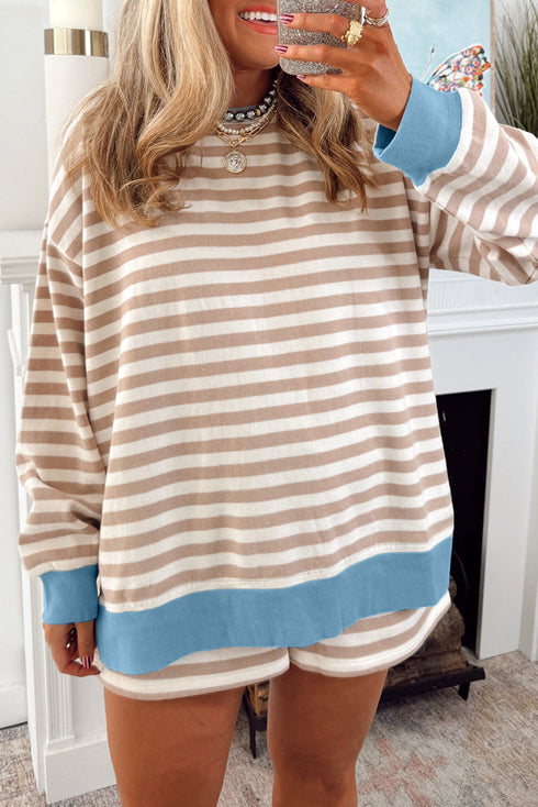 Stripe Print Trimmed Edge Drop Shoulder Loungewear Set
