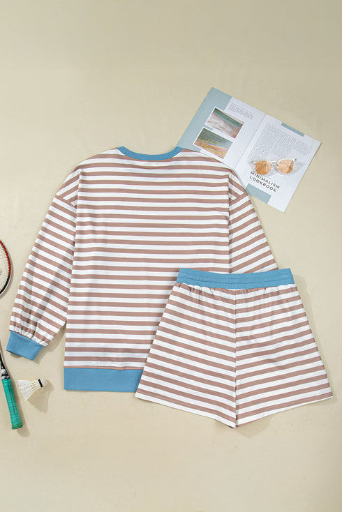 Stripe Print Trimmed Edge Drop Shoulder Loungewear Set