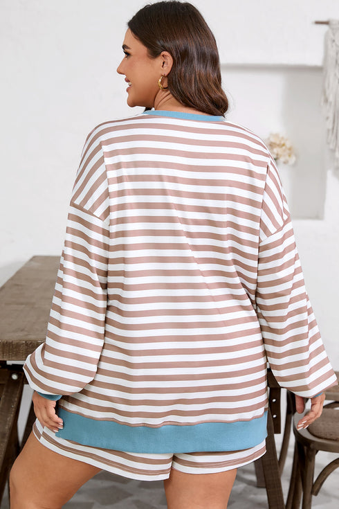 Stripe Print Trimmed Edge Drop Shoulder Loungewear Set