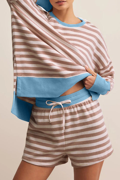 Stripe Print Trimmed Edge Drop Shoulder Loungewear Set