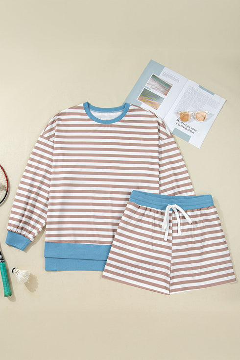Stripe Print Trimmed Edge Drop Shoulder Loungewear Set