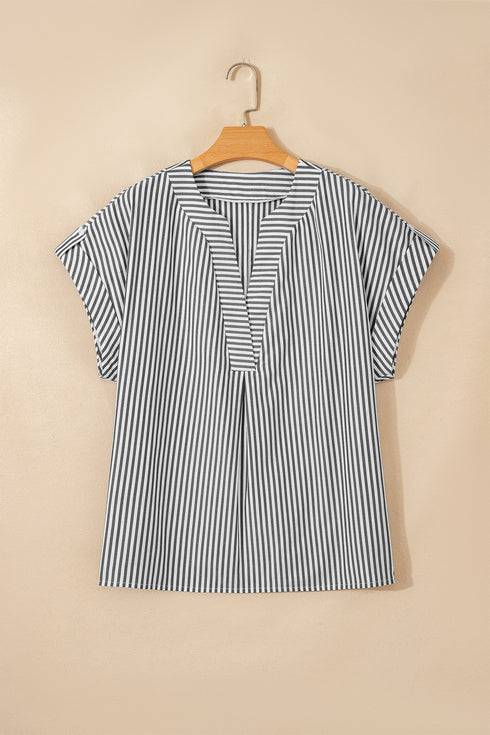 Stripe Print V Neck Roll Tab Dolman Sleeve Blouse