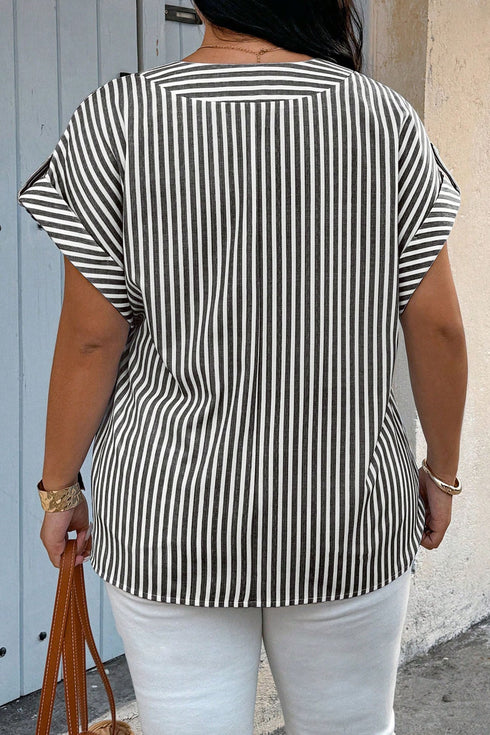 Stripe Print V Neck Roll Tab Dolman Sleeve Blouse