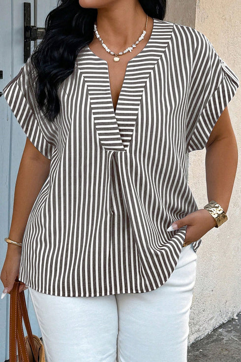 Stripe Print V Neck Roll Tab Dolman Sleeve Blouse