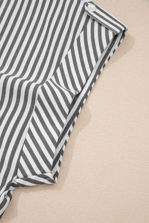Stripe Print V Neck Roll Tab Dolman Sleeve Blouse